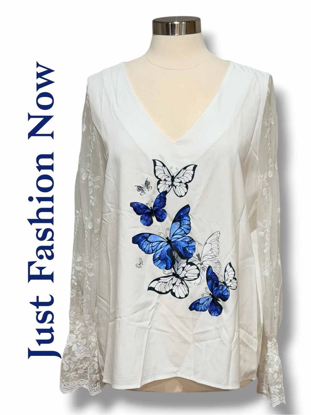 Just Fashion Now Women's White V-Neck Butterfly Print Top with Lace Sleeves L